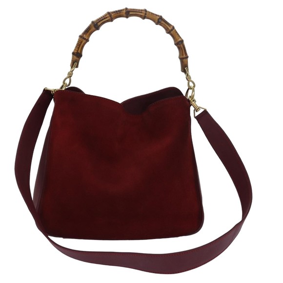 GUCCI Bamboo Hand Bag Suede 2way Red 001 1638 Auth 79161 - Picture 1 of 16